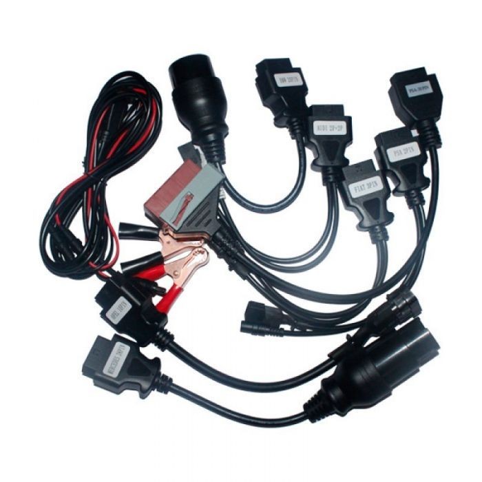 Set adaptoare turisme cu alimentare, pentru testere AutoCom și Delphi 2 Setul de cabluri adaptoare pentru turisme, cu etichetele BMW 20PIN, AUDI 2P+2P, FIAT 3PIN și cablul cu cleme de baterie