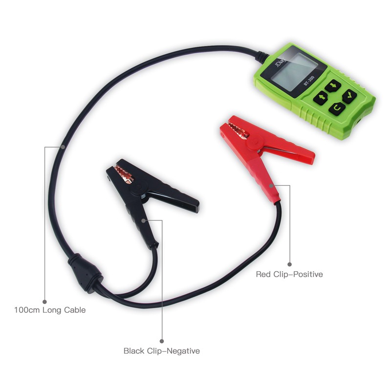Tester de baterii auto JDiag BT-200, măsurare prin conductanță 4 JDiag BT-200 cu clemele Kelvin cu dublu conductor prinse pe bornele unui acumulator