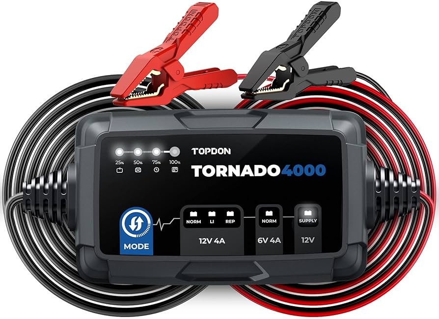 Redresor TOPDON Tornado4000 cu mod de sursă stabilizată 13,5V 2 Încărcător inteligent TOPDON Tornado4000 cu cleme roșu-negru și panou cu LED-uri de mod