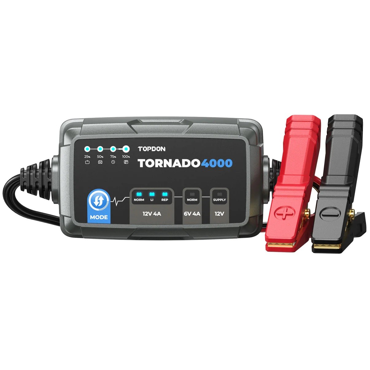 Redresor TOPDON Tornado4000 cu mod de sursă stabilizată 13,5V 3 Panoul TOPDON Tornado4000 cu modurile NORM, LI, REP pe 12V, modul de 6V și poziția SUPPLY